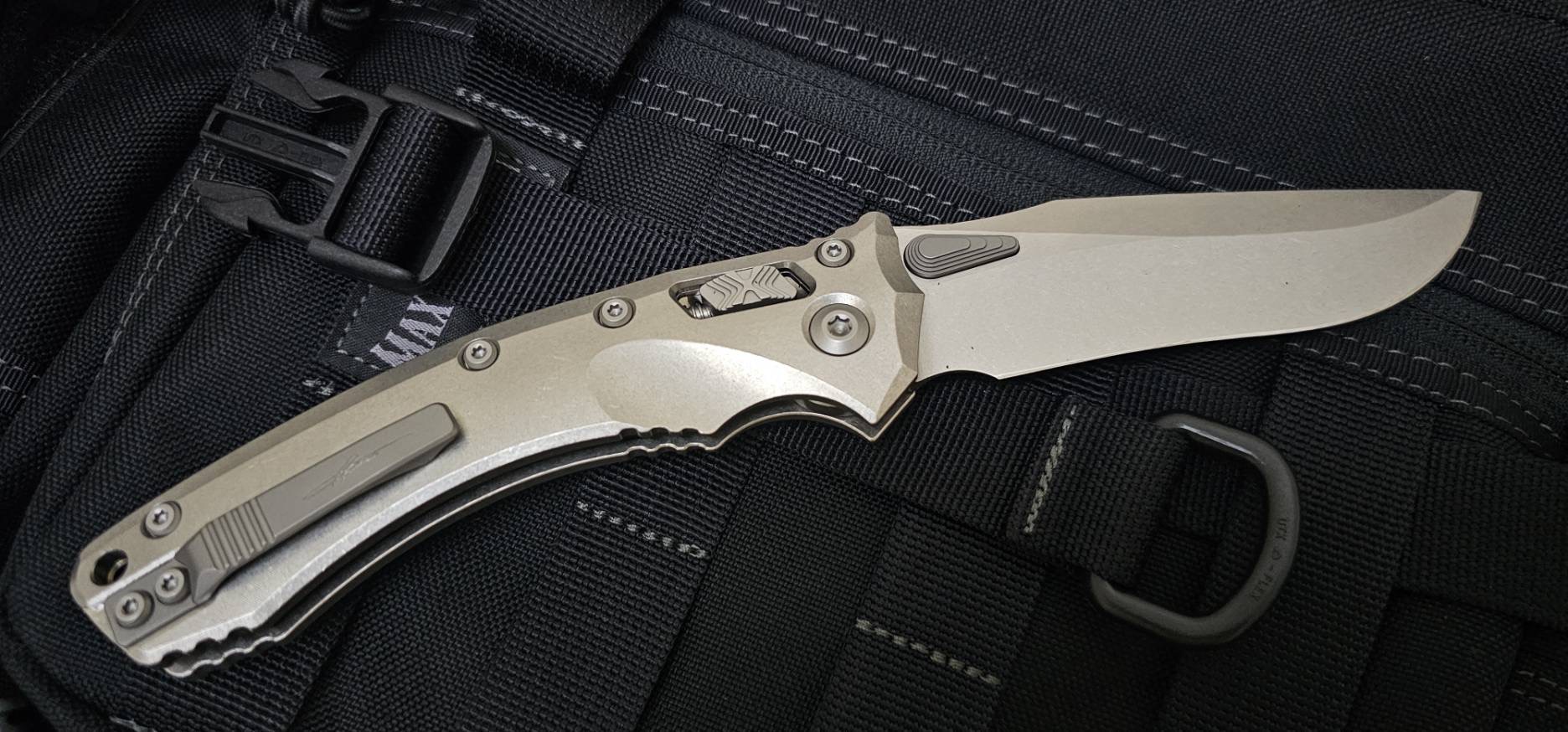 Microtech Amphibian Ram-Lok - Bronze Backspacer - Marfione Select - Stonewashed Titanium - Stonewash Blade