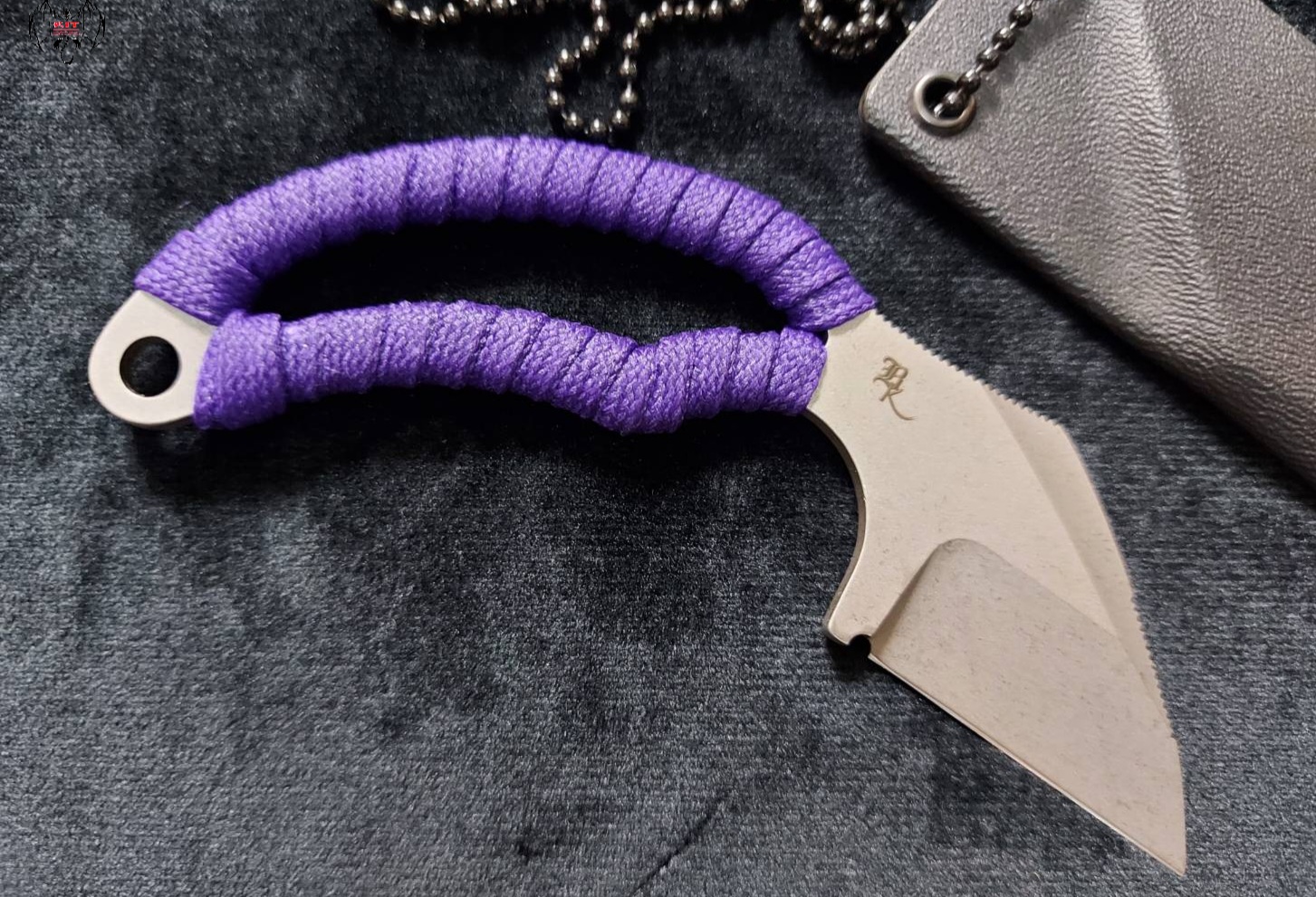 Bastinelli Creations Moons Kiss Fixed Blade Knife 1.5" 12C27 Stonewashed Wharncliffe Purple Cord Wrapped Handle Kydex Sheath