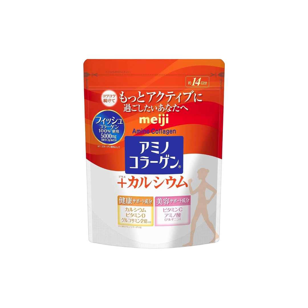 คอลลาเจน (รุ่นไม่เหม็นคาว) Meiji Amino Collagen Plus Calcium 5000 มิลลิกรัม บรรจุ 98 g.