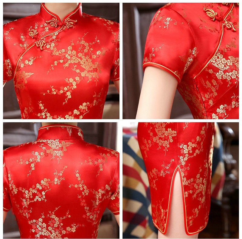 Pre-order กี่เพ้า / สั้น สีชมพู ลายดอกบ๊วย Cherry Blossom ผ้าไหมจีน กุ๊นขอบ ตัดเย็บอย่างดี