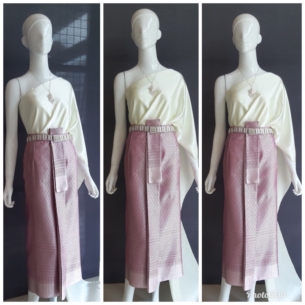 เช่า ชุดไทย ชุดเพื่อนเจ้าสาว ชุดไทยผ้าถุงสีม่วง สไบเรียบสีงาช้าง