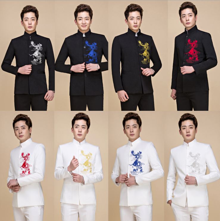 Pre-order ชุดสูทจีนชาย สีดำ ปักอกลายมังกรสีขาว คอปีน แขนยาว สไตล์จีน