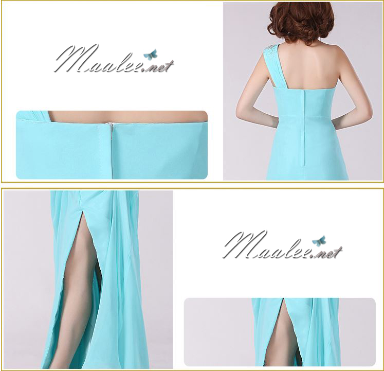 พร้อมเช่า ชุดราตรียาว เกาะอกไหล่เฉียง สีฟ้า ผ้าชีฟองเนื้อนิ่ม ประดับเพชรหรู งานสวย