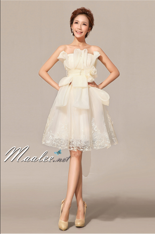 พร้อมเช่า ชุดราตรีสั้น เกาะอก สีครีม Champagne ผ้าแก้วแต่ง Layer กระโปรงลูกไม้