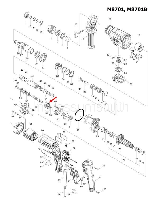 SWASH BEARING 10 สว่านโรตารี่ Maktec มาคเทค, Makita มากีต้า MT871, M8701, M8701B [#58] Pn.219021-3 (แท้) ## (**)