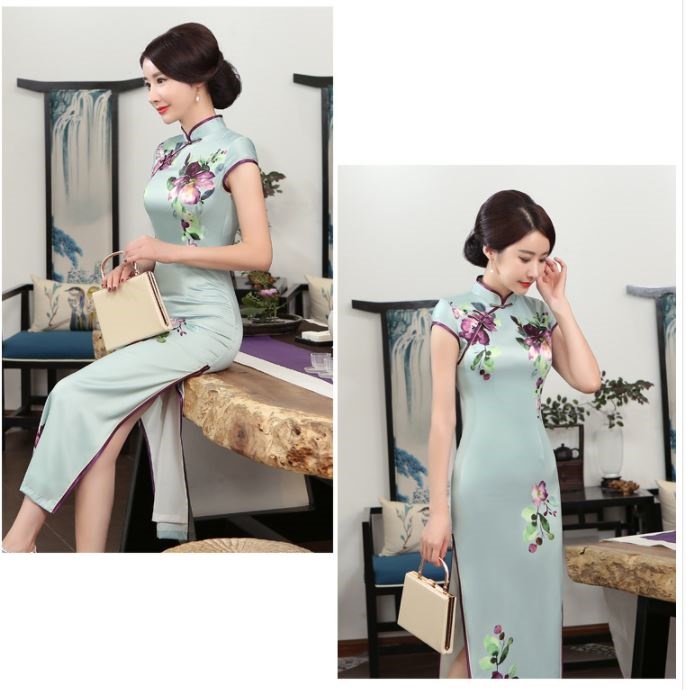 Pre-order กี่เพ้า สีฟ้า ลายดอกไม้ ผ้าซาติน กุ๊นขอบ ตัดเย็บอย่างดี
