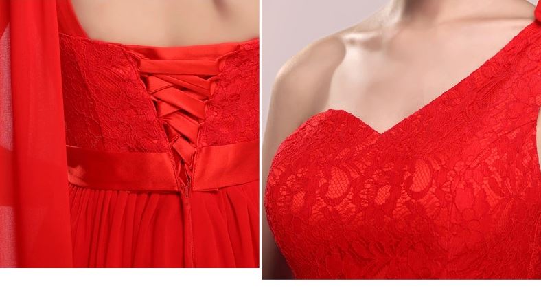 พร้อมส่ง ชุดราตรีสั้น ชุดเพื่อนเจ้าสาว สีแดง แบบ D ไหล่เดียว หน้าสั้นหลังยาว แต่งลูกไม้ช่วงอก คาดโบว์ที่เอวและดอกตรงไหล่ (เชือกผูกด้านหลัง)