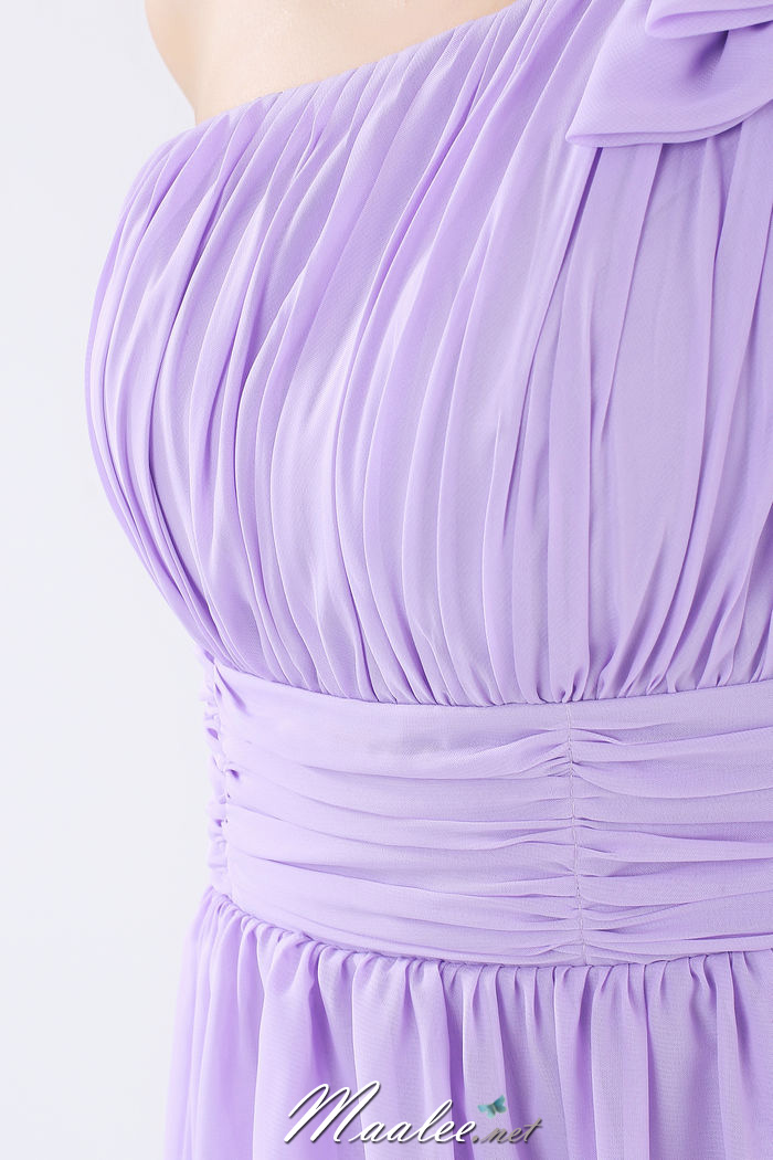 พร้อมส่ง ชุดราตรีสั้น เกาะอก ไหล่เดียว สีม่วง Lavender แต่งดอกไม้ช่วงไหล่