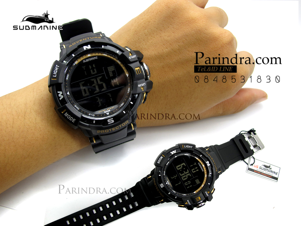 นาฬิกา US submarine TP1338M สีดำ-ทอง พื้นหลังดำ กรอบเข็มทิศระบบDigital