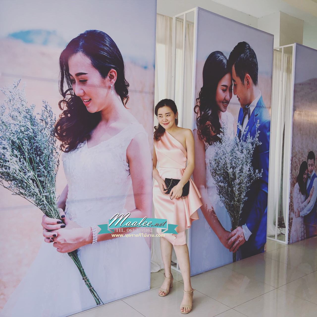 พร้อมส่ง ชุดเดรสสั้น เดรสไหล่เดียว ผ้าดัชเชส แพทเทิร์นเนียบ แต่งระบายสะโพก สีโอโรส