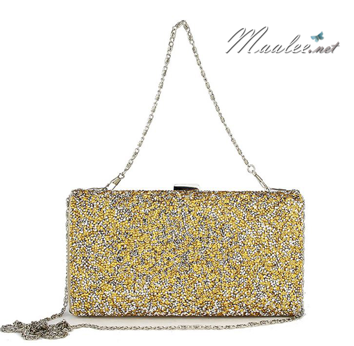 พร้อมส่ง Evening Clutch กระเป๋าออกงาน ทรงสี่เหลี่ยม พร้อมสายโซ่ยาว อัดคริสตัลเม็ดเล็ก สวยหรู สีทอง