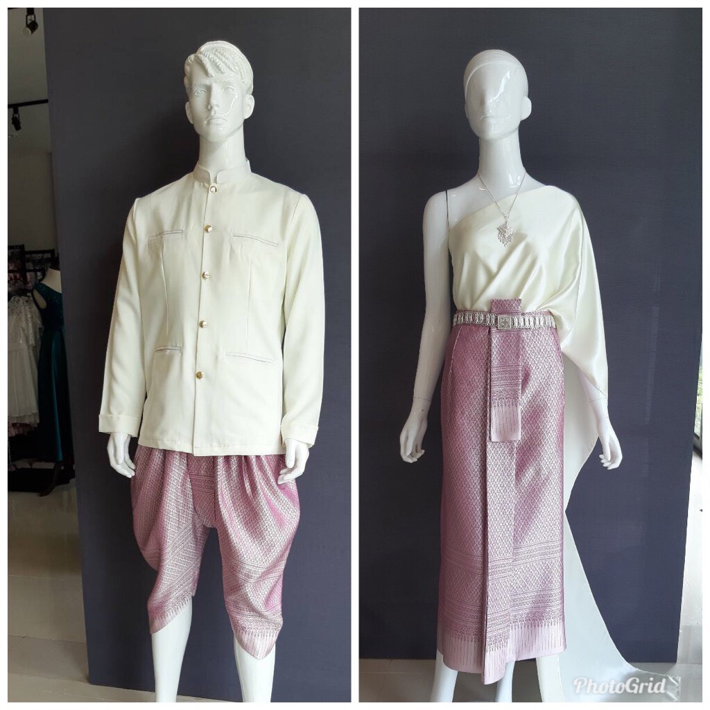 เช่า ชุดไทย ชุดเพื่อนเจ้าสาว ชุดไทยผ้าถุงสีม่วง สไบเรียบสีงาช้าง