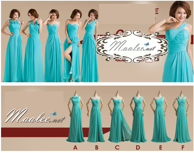 พร้อมเช่า ชุดเพื่อนเจ้าสาว ชุดราตรียาว ผ้าชีฟอง สีฟ้า เทอร์ควอยส์ แบบ F