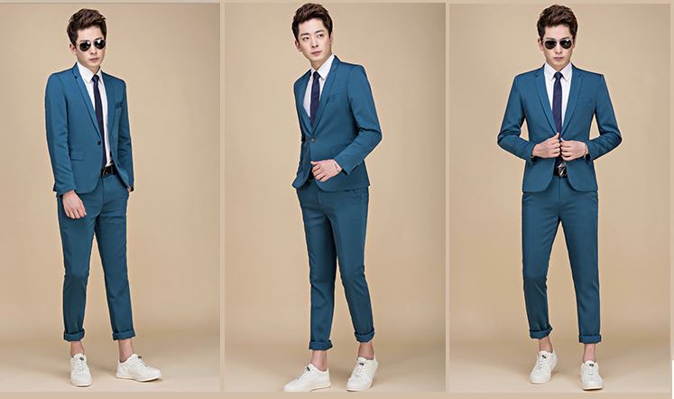 พร้อมเช่า ชุดสูทชาย สีฟ้าน้ำทะเล สไตล์เกาหลี (ไม่มีเสื้อกั๊ก)