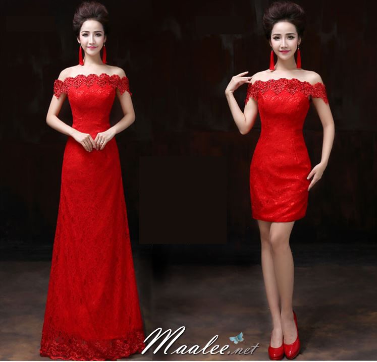 พร้อมส่ง ชุดราตรีสั้น แบบปาดไหล่เซ็กซี่ เข้ารูป สีแดง ผ้าลูกไม้ แต่งเลื่อมสุดหรู (เชือกผูกหลัง)