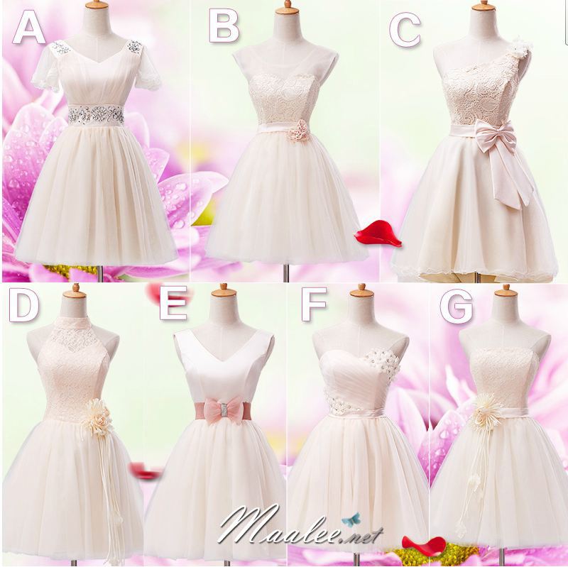 พร้อมเช่า ชุดราตรีสั้น ลูกไม้ สีครีม Champagne คล้องคอ ชุดเพื่อนเจ้าสาว Cream-004D