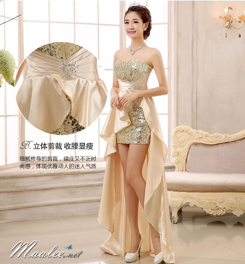 พร้อมส่ง ชุดราตรีสั้น เกาะอก เซ็กซี่หน้าสั้นหลังยาว แต่งเลื่อมประดับเข็มกลัด สีฟ้า