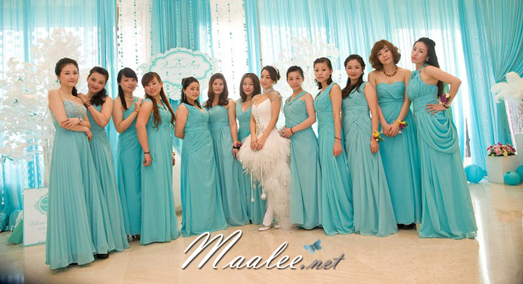 พร้อมเช่า ชุดเพื่อนเจ้าสาว ชุดราตรียาว ผ้าชีฟอง สีฟ้า เทอร์ควอยส์ แบบ F