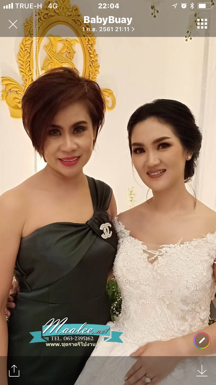 พร้อมเช่า ชุดเดรส เดรสไหล่เดียว ผ้าดัชเชส ไหล่จับเดรป ผ่าหน้าขา สีเขียว