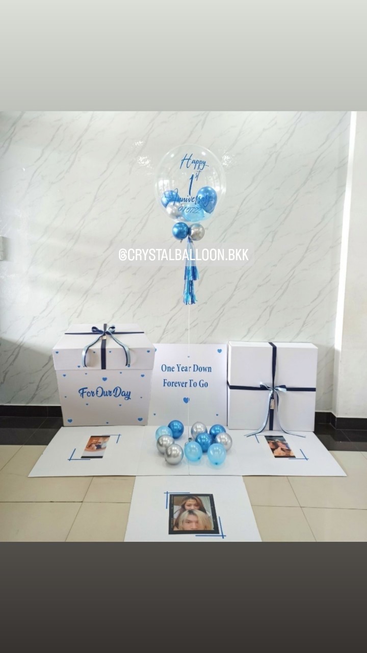 Anniversary Surprised Box กล่องเซอร์ไพรส์วันครบรอบ Bubble USA 24" พร้อมตกแต่ง สามารถใส่รูปได้ 4 ใบ สามารถเปลี่ยนสีลูกโป่ง/เปลี่ยนข้อความได้