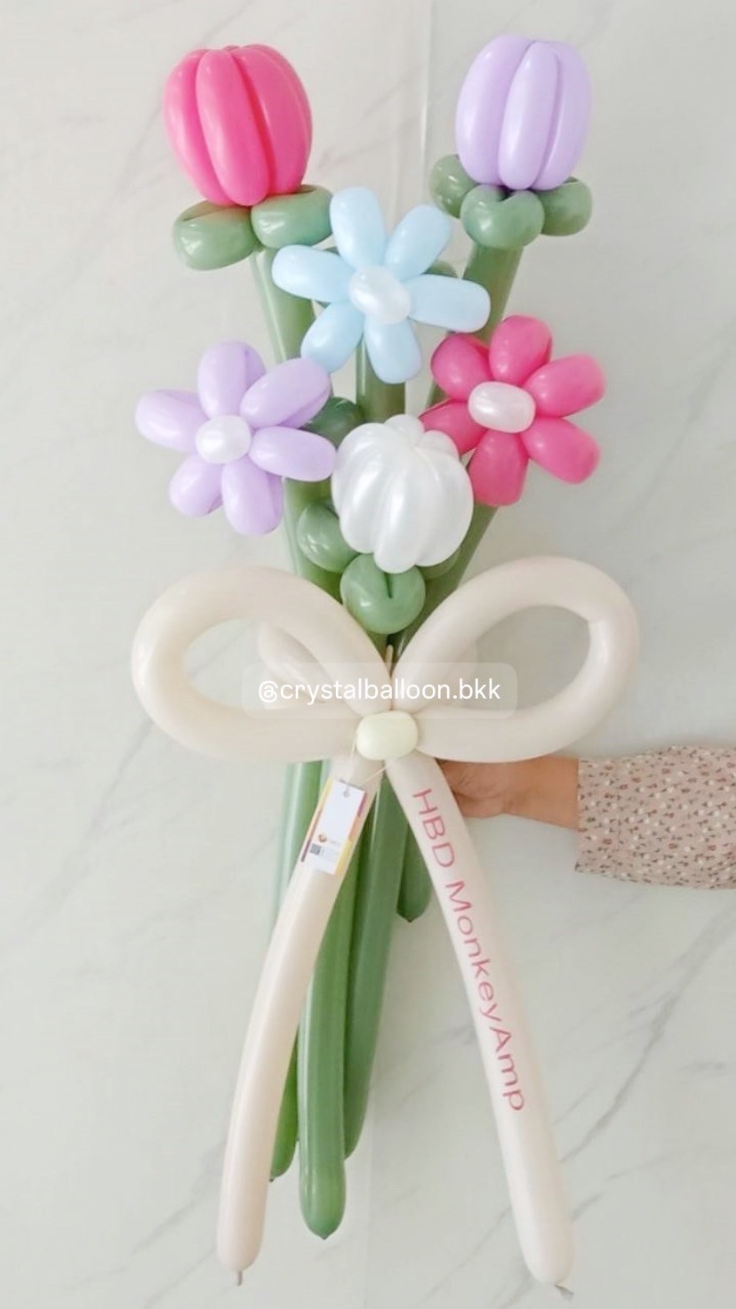 Flower Balloon Medium Bouquet ช่อ 6 ดอก พร้อมตกแต่ง สามารถเปลี่ยนสีลูกโป่ง/เปลี่ยนข้อความได้