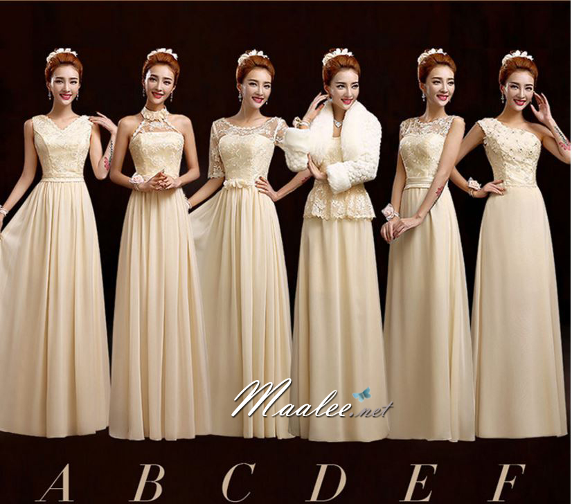 พร้อมส่ง ชุดราตรียาว ชุดเพื่อนเจ้าสาว สีครีม แบบ C แขนยาว ผ้าตาข่ายแต่งลูกไม้โปร่ง เอวเพิ่มดอกสวย (เชือกผูกด้านหลัง)