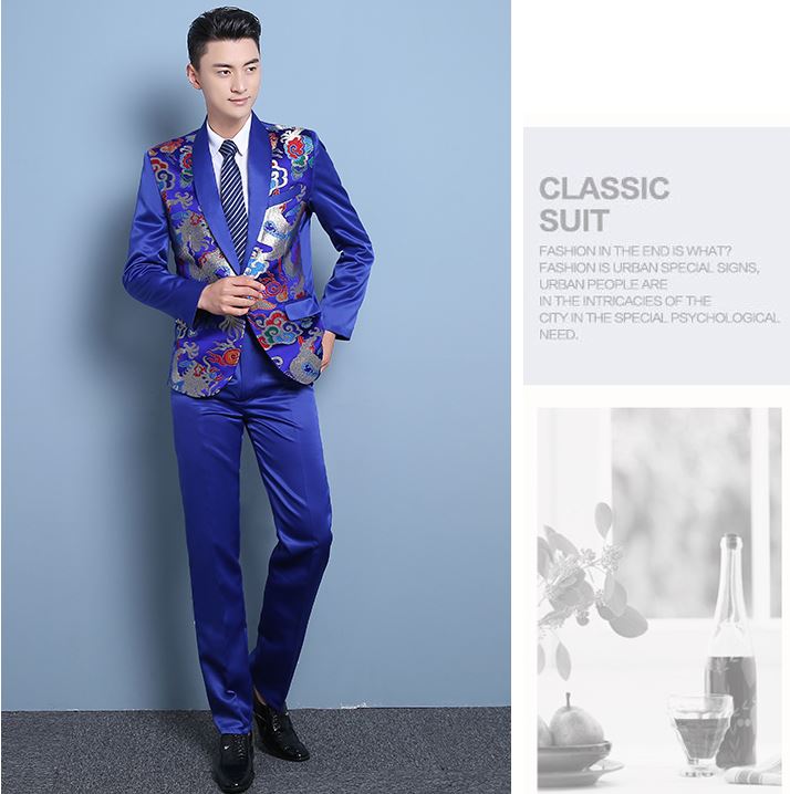 Pre-order ชุดสูทจีนชาย สีน้ำเงินปกคอน้ำเงิน พิมพ์ลายกราฟฟิก