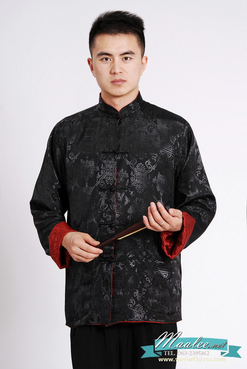 Pre-order ชุดจีน ชาย เสื้อคอจีน ผ้าแพร สีแดง / ดำ ใส่ได้สองด้าน