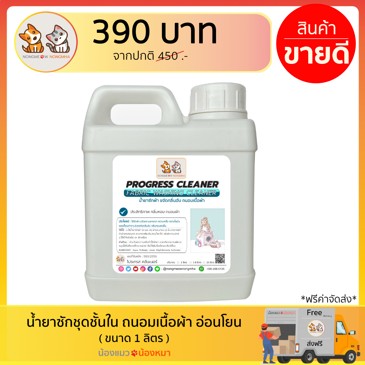 น้ำยาซักผ้า ซักชุดชั้นใน ขจัดกลิ่นอับ ถนอมเนื้อผ้า อ่อนโยน สีฟ้า กลิ่นบูลสกาย 1 ลิตร BY น้องแมวน้องหมา