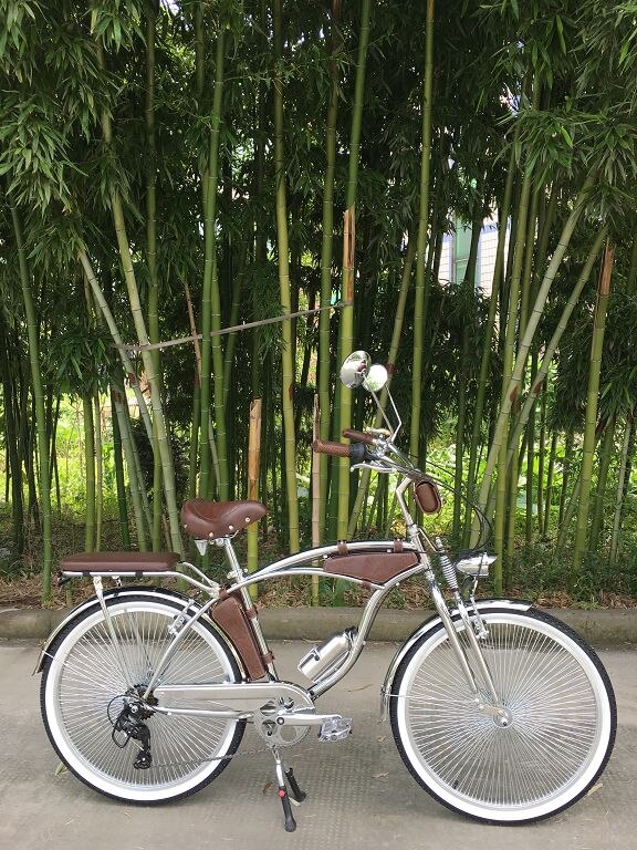 จักรยานครุยเซอร์ AOK BIKE Cruiser Beach bike เฟรมเหล็กชุบโครเมี่ยม ตะเกียบคู่ เกียร์ชิมาโน่ 7 สปีด ล้อขนาด 24 26 นิ้ว มาพร้อมกระเป๋า 3 ใบสไตล์วินเทจ