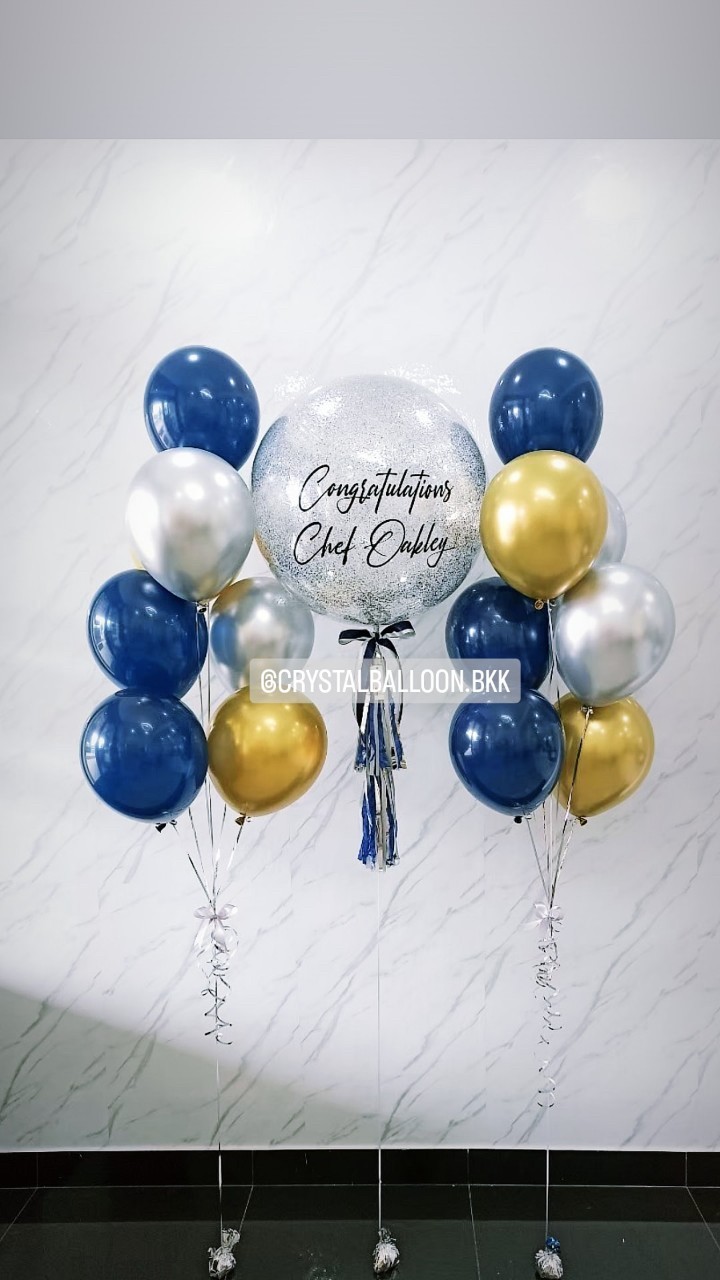 ลูกโป่ง แสดงความยินดี Bubble ขนาด 24" สีเงิน พร้อม ช่อลูกโป่ง ช่อ 7 ลูก 2 ช่อ,ลูกโป่งใส ใส่กลิตเตอร์ พร้อมตกเเต่ง สามารถเปลี่ยนสีลูกโป่ง/เปลี่ยนข้อความ/เปลี่ยนขนาดได้