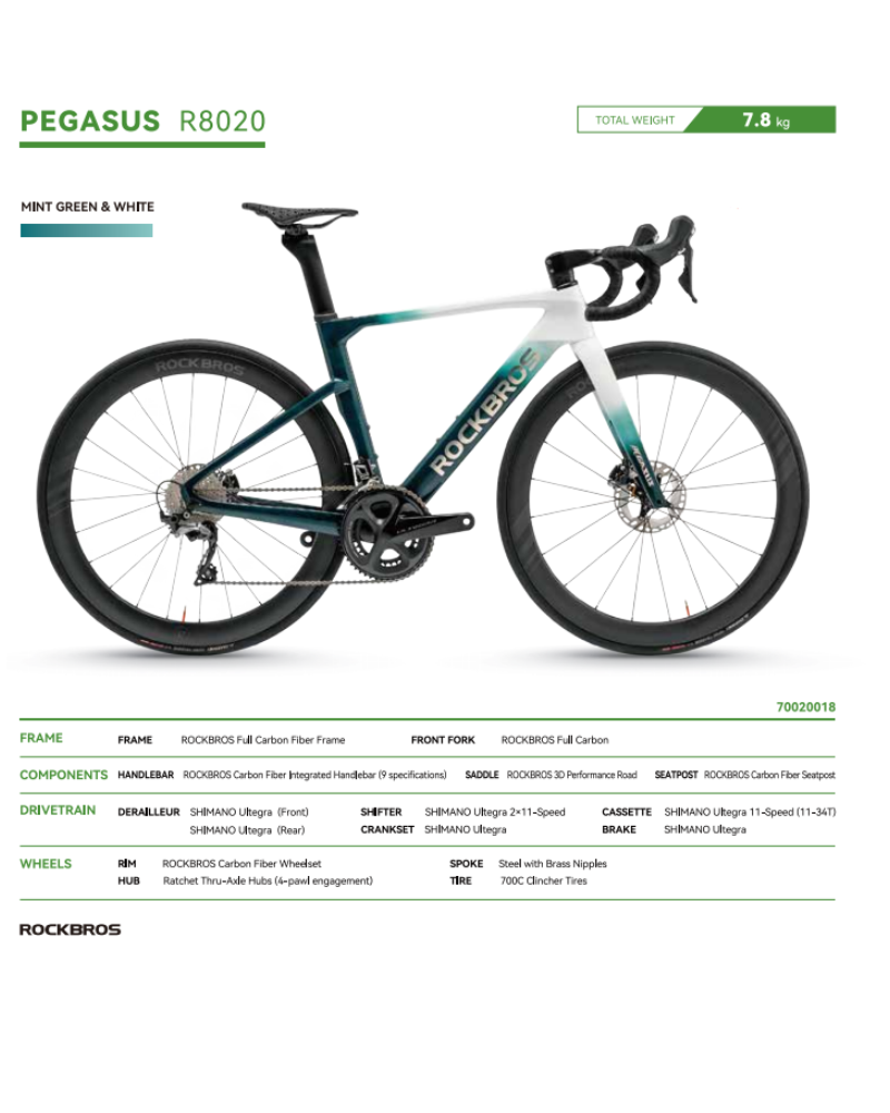 ROCKBROS PEGASUS R8020 จักรยานคาร์บอน 2025 | เกียร์ Shimano Ultegra 2×11 | น้ำหนัก 7.8 กก. | สีมินต์กรีน | ล้อคาร์บอน