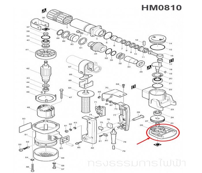 ฝาลูกปืนปิดเสื้อข้อเหวี่ยง สกัดไฟฟ้า Makita HM0810 (#26), HM0810T, TA (#24) GEAR HOUSING