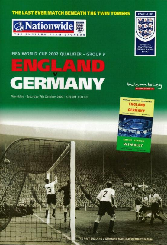 หนังสือโปรแกรม ฟุตบอล ทีมชาติอังกฤษ - ฟุตบอลโลก 2002 รอบคัดเลือก โซนยุโรป กลุ่ม 9 อังกฤษ vs เยอรมนี 07/10/00 ใหม่ / ENGLAND National Football Team Matchday Programme - FIFA WORLD CUP 2002 QUALIFIER - EUROPE Group 9 ENGLAND vs GERMANY 07/10/00 NEW
