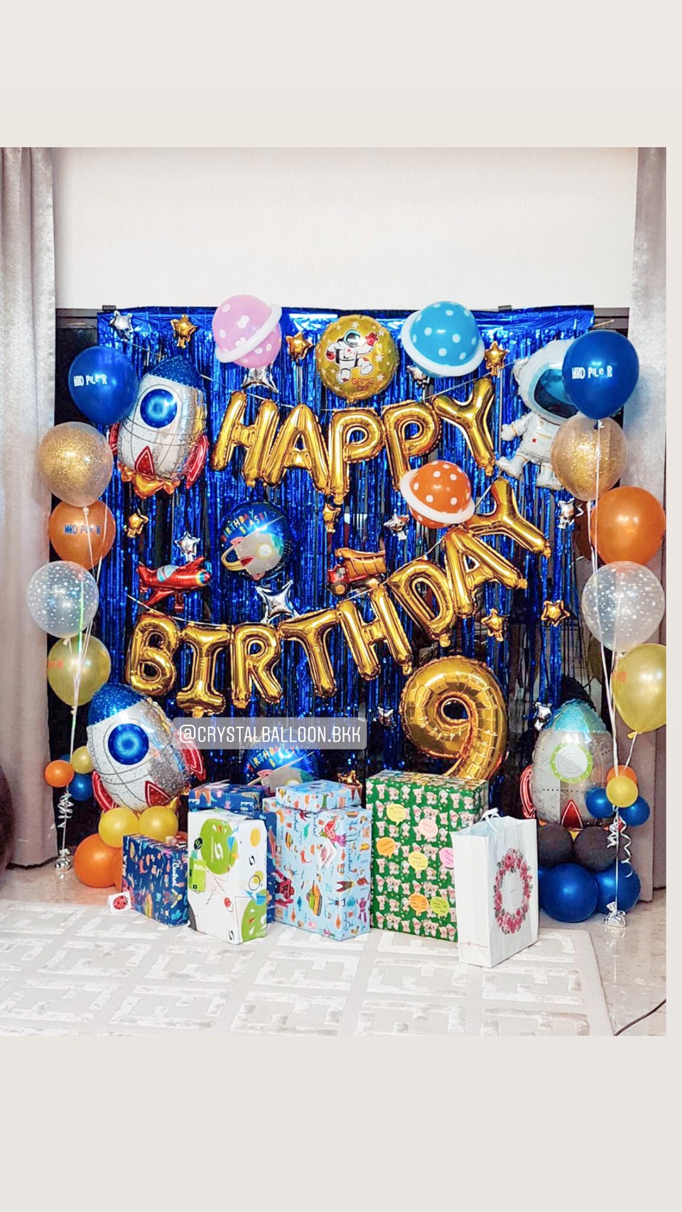ลูกโป่ง วันเกิดเด็ก Theme อวกาศ พร้อมตกแต่ง ช่อลูกโป่ง 2 ช่อ,ฟอยล์ตัวเลขตั้งฐาน สามารถเปลี่ยนสีลูกโป่ง/เปลี่ยนสี-ฟอยล์ตัวเลข/เปลี่ยน Theme ได้