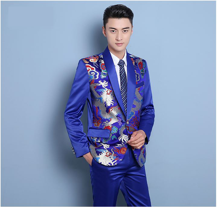 Pre-order ชุดสูทจีนชาย สีน้ำเงินปกคอน้ำเงิน พิมพ์ลายกราฟฟิก