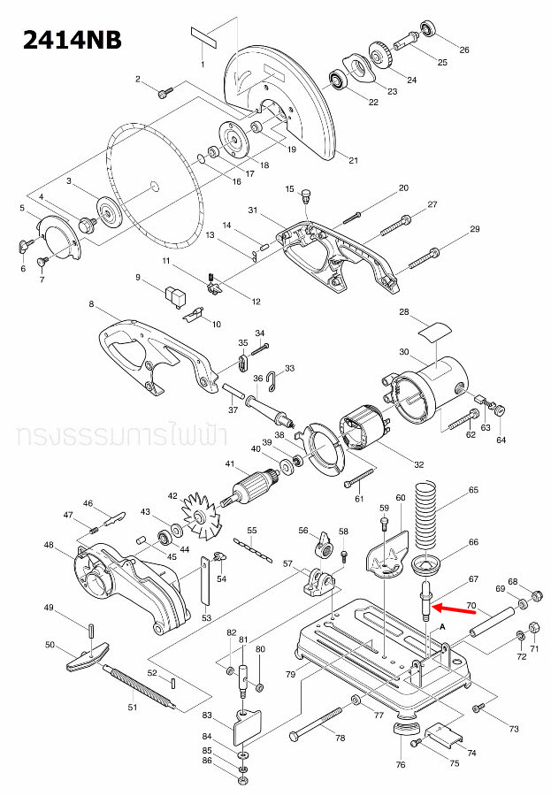 สกรูหกเหลี่ยม M10 แท่นตัดไฟเบอร์ Makita มากีต้า 2414NB [#67] Pn.265407-9 (แท้) ##