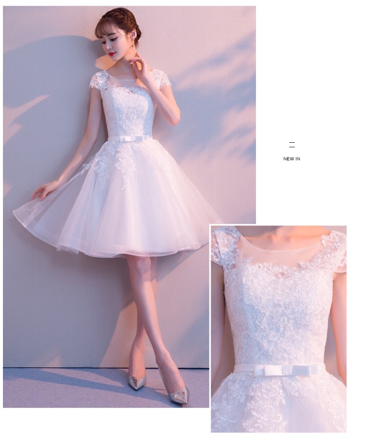 พร้อมส่ง ชุดราตรีสั้น แขนสั้น สีขาว สวยหวาน กระโปรงตาข่าย ตัวชุดลูกไม้&แต่งโบว์ช่วงเอว (ซิปหลัง)