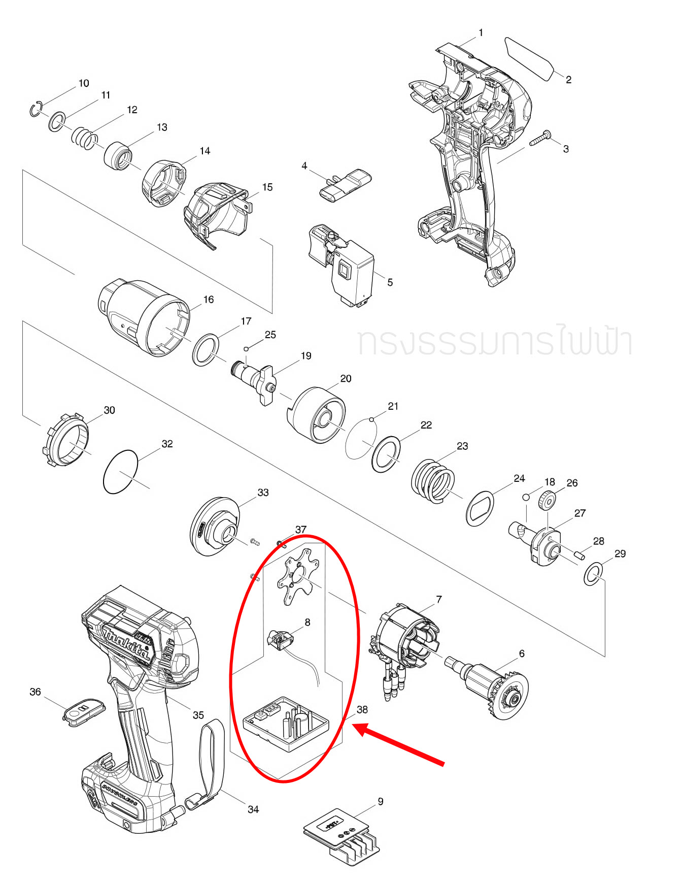 ชุดควบคุม สว่านไร้สาย มากีต้า-Makita TD111D [#38] Pn.620552-1 (แท้) ##