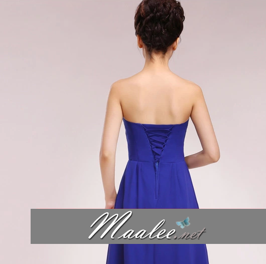 พร้อมส่ง ชุดราตรีสั้น แบบเกาะอก ผ้าชีฟอง ช่วงอกอัดพลีท แต่งดอกที่เอว สีน้ำเงิน