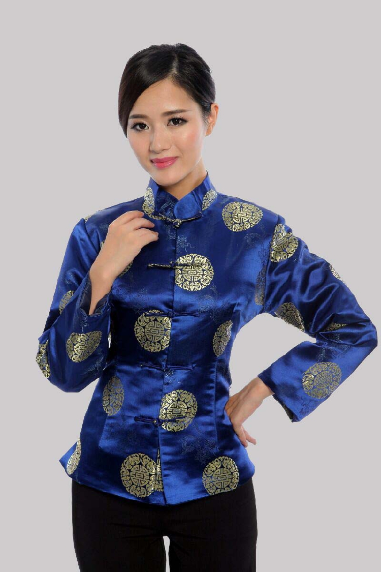 Pre-order เสื้อคอจีน ผู้หญิง ผ้าไหมจีน ทอลาย แขนยาว สีน้ำเงิน