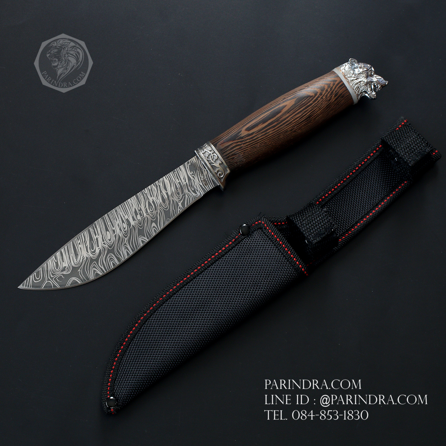 มีด Columbia ใบตาย ใบเลเซอร์ลายดามัสกัส ด้ามไม้ ท้ายด้ามหัวเสือ