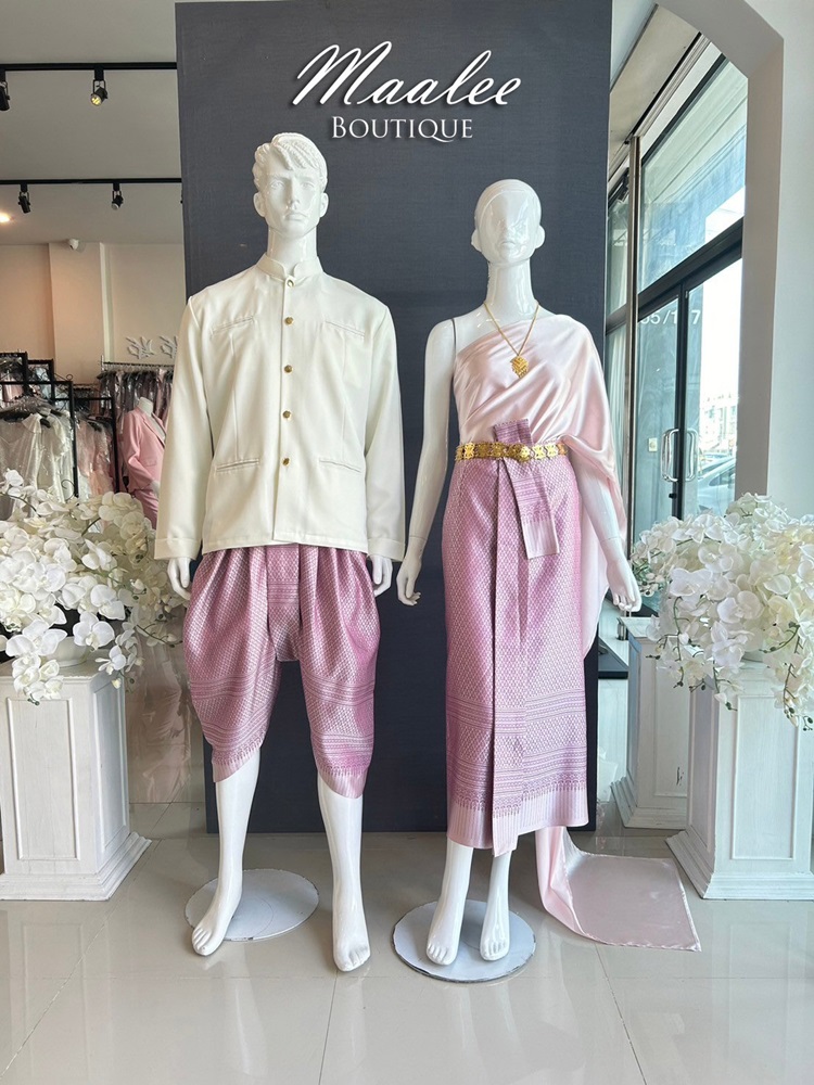 เช่า ชุดไทย ชุดเพื่อนเจ้าสาว ชุดไทยผ้าถุงสีม่วง สไบเรียบสีชมพู