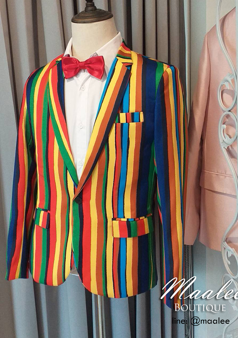 พร้อมเช่า เสื้อสูท แฟนซี สีรุ้ง Colorful สูทลูกทุ่ง กับกางเกงสแลคสีดำ