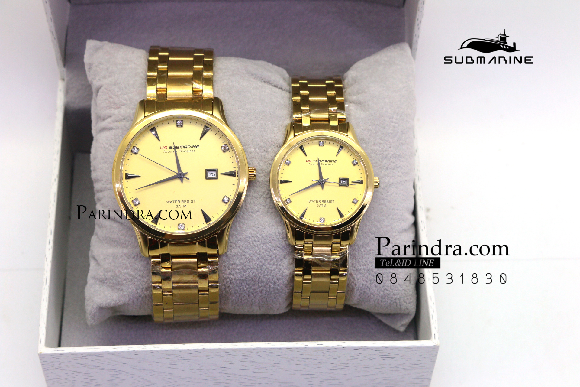 นาฬิกาคู่ US submarine รุ่น J116MD เรือนสีทองหน้าปัดสีทอง เเลขเพชร แพคคู่