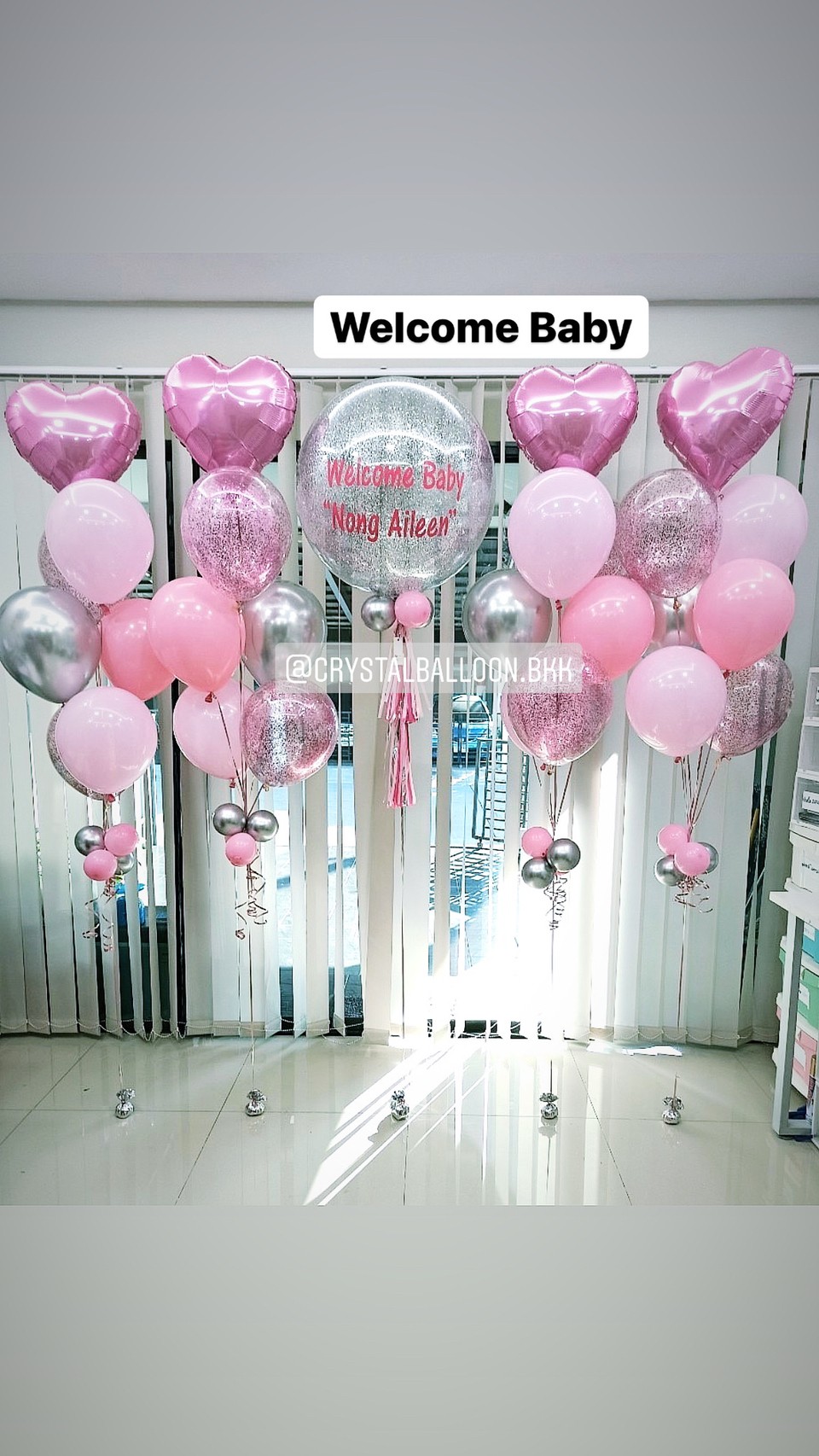ลูกโป่ง Welcome Baby Girl Bubble ขนาด 24" Theme สีชมพู พร้อมตกแต่ง ช่อลูกโป่งฟอยล์หัวใจ ขนาด 18" 4 ช่อ,ลูกโป่งใส ใส่กลิตเตอร์ สามารถเปลี่ยนสีลูกโป่ง/เปลี่ยนข้อความ/เปลี่ยนขนาดได้