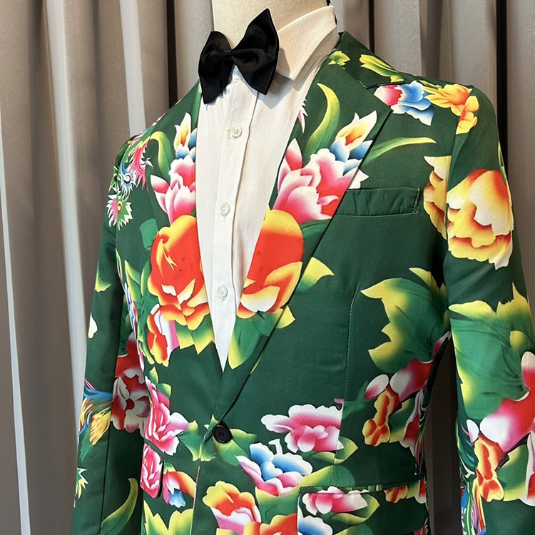 พร้อมเช่า ชุดสูทชาย สูทจีน ลายดอก สีเขียว