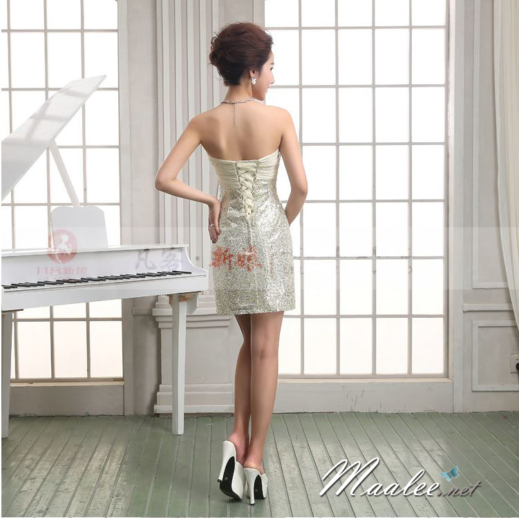 พร้อมส่ง ชุดราตรีสั้น เกาะอก สีครีม Champagne เข้ารูปปักเลื่อม อกแต่งผ้าชีฟอง หางปลาสามารถถอดได้