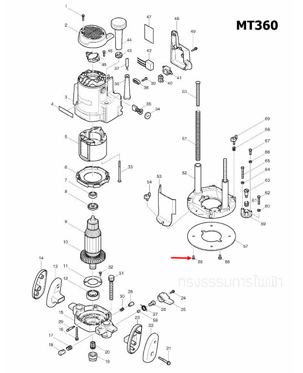 สกรูหัวเรียบ เราท์เตอร์ Maktec, Makita MT360, MT362 [#55], M3600, M3600B [#32, #55] Pn.265135-6 (แท้) ##(*)