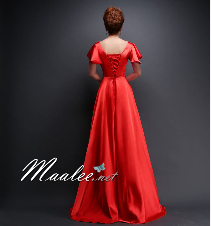 พร้อมเช่า สำหรับสาวไซส์ใหญ่ ชุดราตรียาว แบบแขนสั้น ผ้าซาตินสวยสง่า อกจับจีบปักเลื่อมช่วงอก-เอว สีฟ้า (เชือกผูกหลัง)